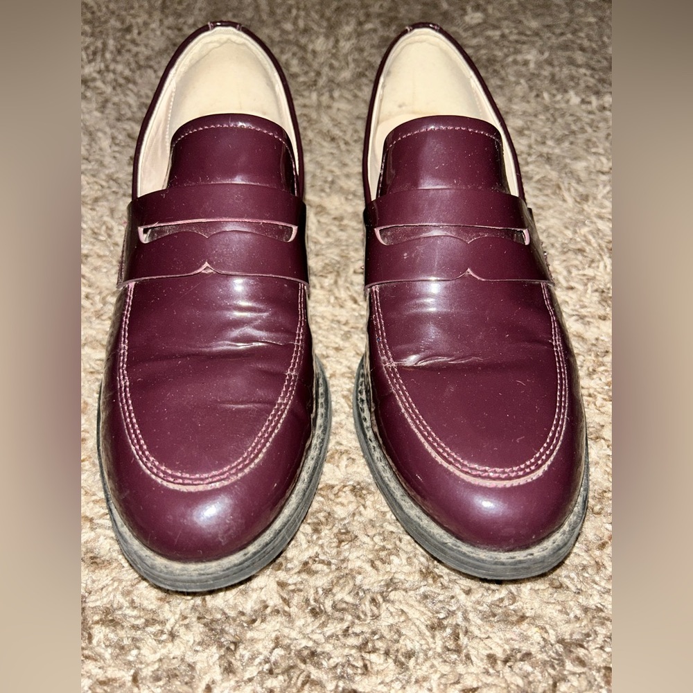 Maroon, patent leather penny loafers